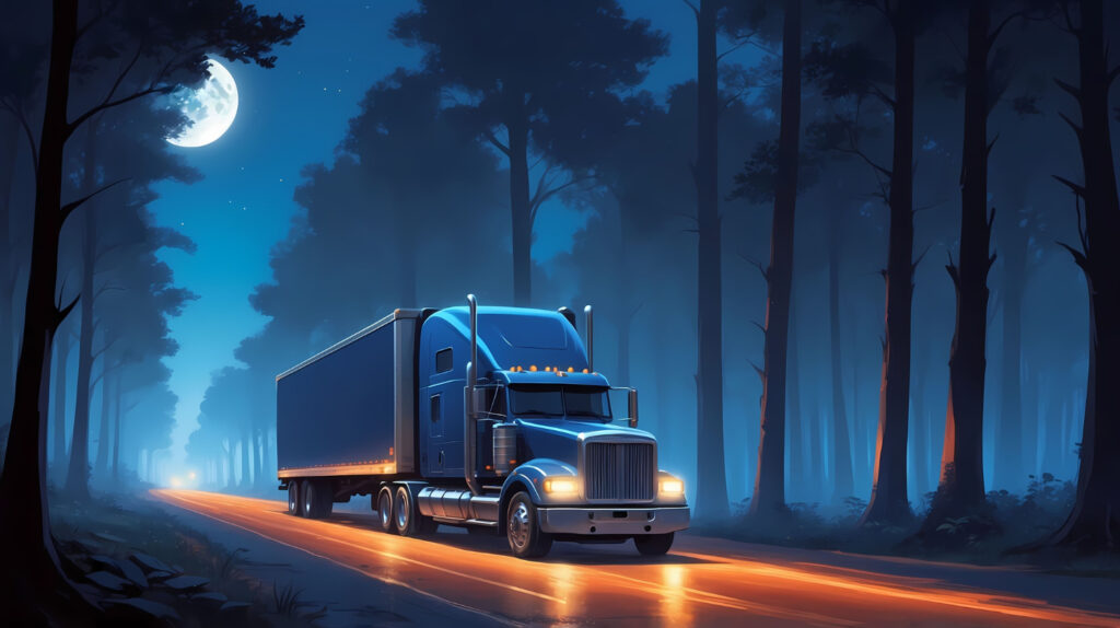 Blue semi-truck driving through a Moonlit forest at night on a glowing road.