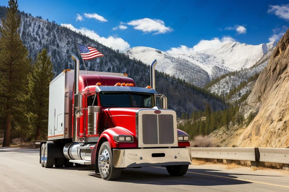 Red semi-truck with an American flag driving on a scenic mountain road, surrounded by snowy peaks and evergreen trees