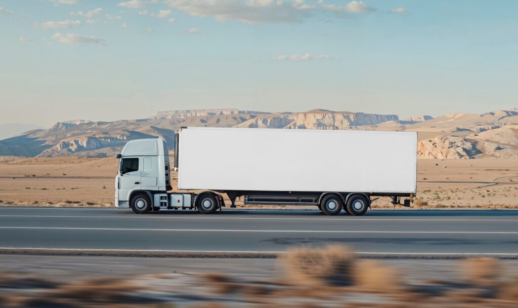 White cargo truck driving on a desert highway with scenic mountains in the background