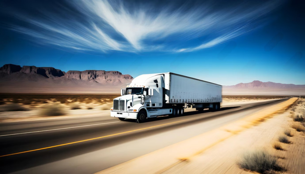 White semi-truck driving through a desert highway under a blue sky