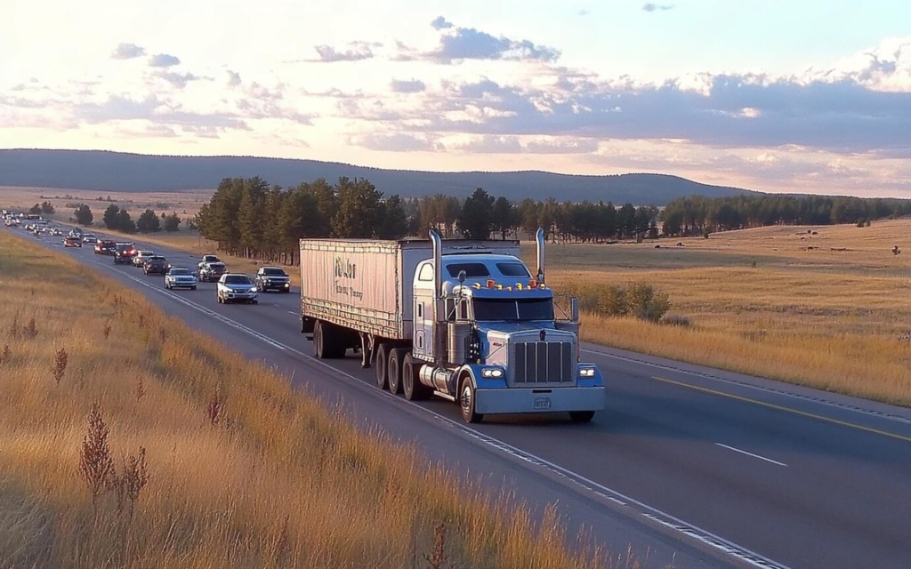 Truck driving on a scenic highway at sunset