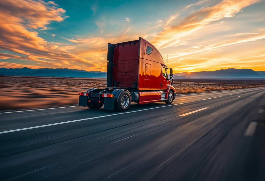 Red semi-truck driving on a highway at sunset